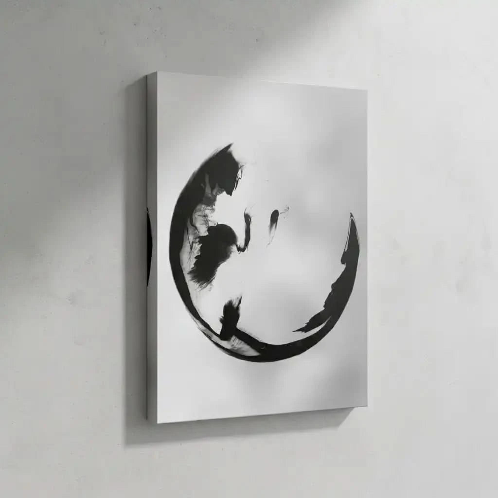 Illustration d’encre en mouvement, formant des volutes abstraites et contrastées, pour une atmosphère intrigante.