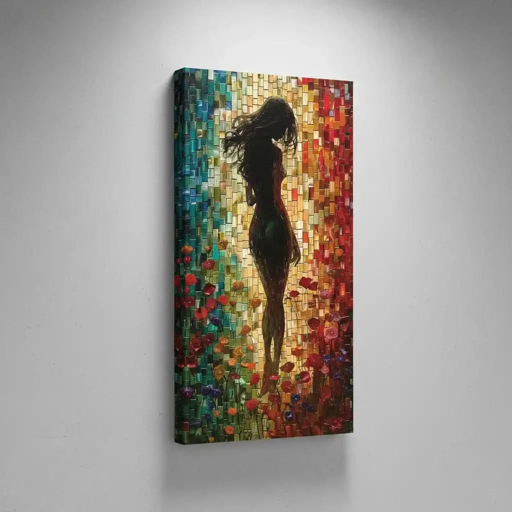 Peinture abstraite d'une silhouette féminine dans un champ de fleurs colorées, entourée de mosaïques vibrantes aux tons chauds et froids.