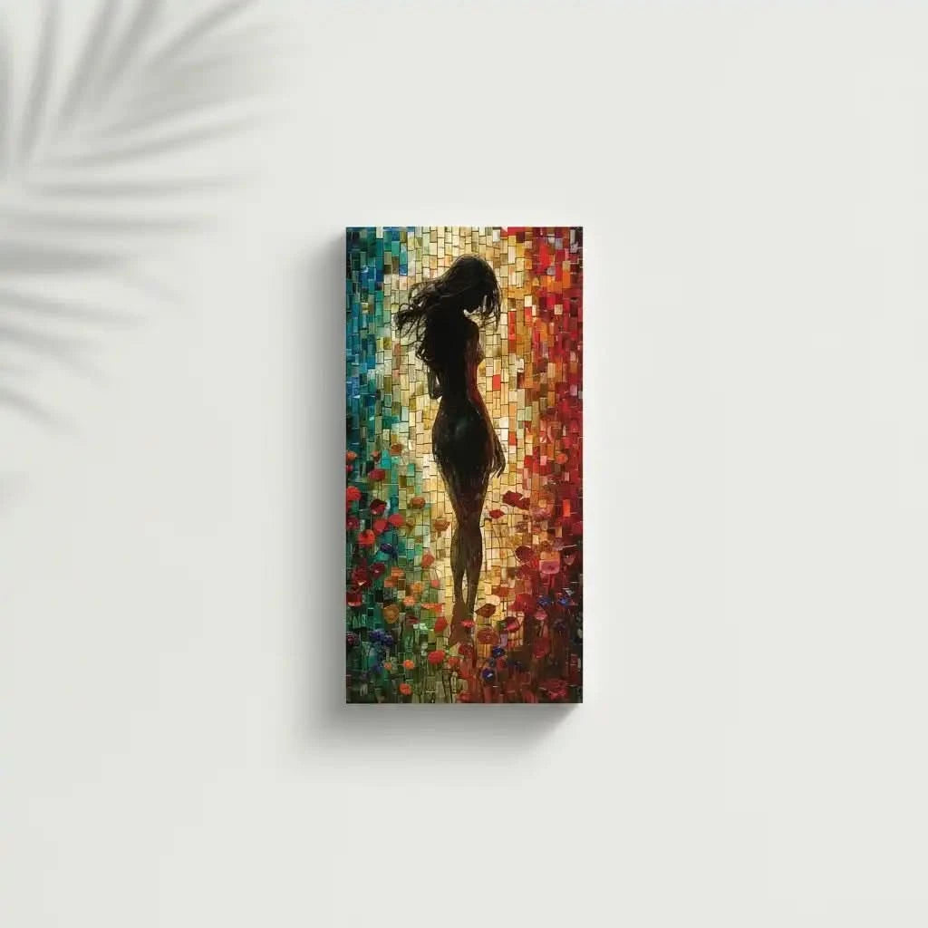 Peinture abstraite d'une silhouette féminine dans un champ de fleurs colorées, entourée de mosaïques vibrantes aux tons chauds et froids.