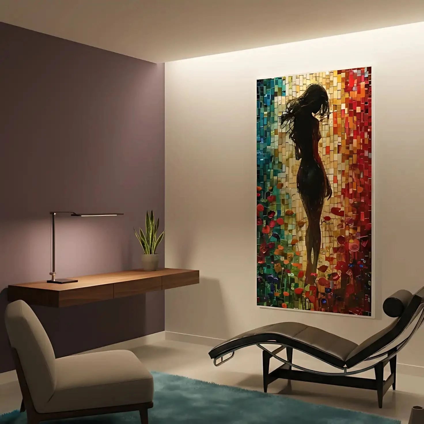 Peinture abstraite d'une silhouette féminine dans un champ de fleurs colorées, entourée de mosaïques vibrantes aux tons chauds et froids.