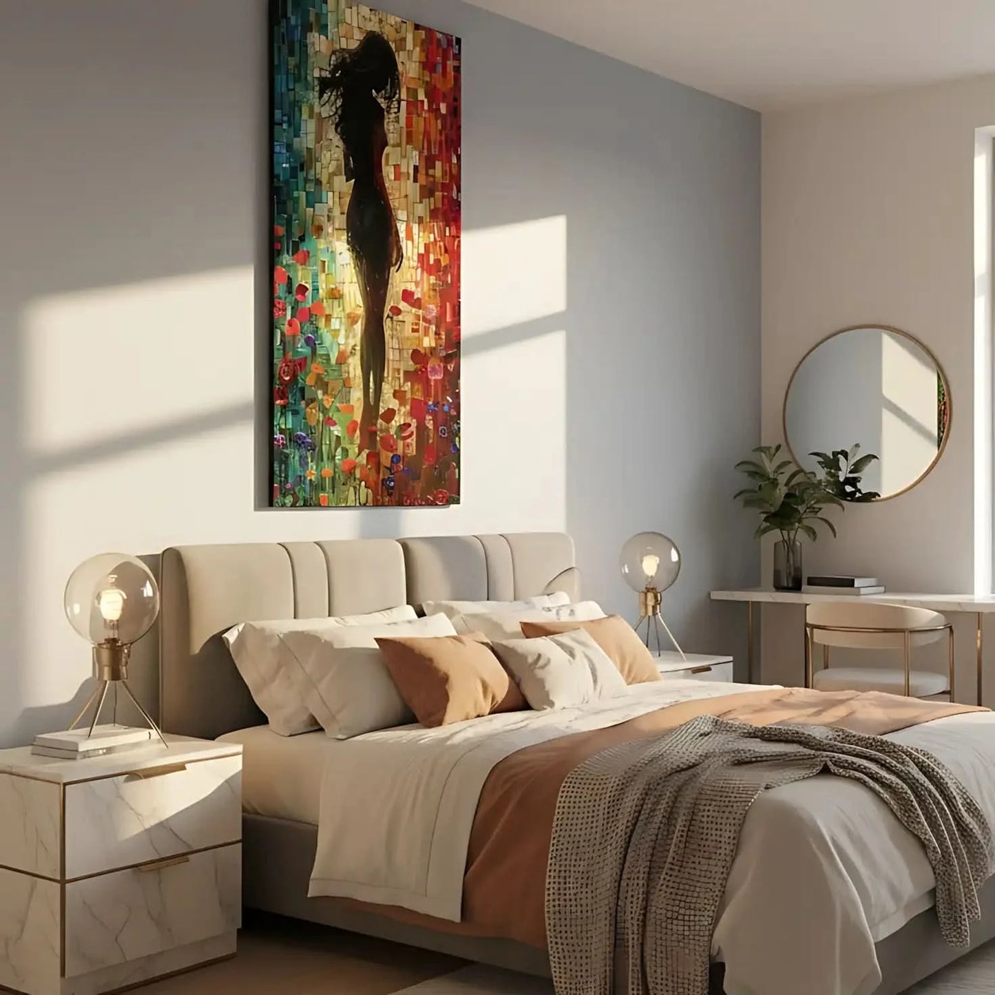 Peinture abstraite d'une silhouette féminine dans un champ de fleurs colorées, entourée de mosaïques vibrantes aux tons chauds et froids.