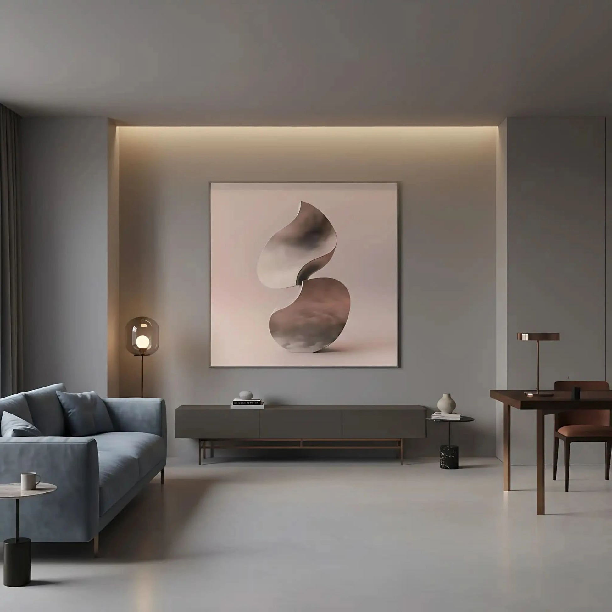 Formes abstraites fluides et métalliques dans une ambiance moderne, parfait pour les espaces contemporains.