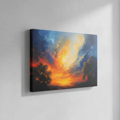 Un paysage captivant d'un ciel vibrant aux couleurs chaudes et froides, créant une atmosphère sereine, idéal pour une chambre ou un salon.