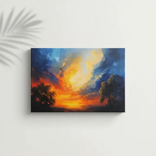 Un paysage captivant d'un ciel vibrant aux couleurs chaudes et froides, créant une atmosphère sereine, idéal pour une chambre ou un salon.