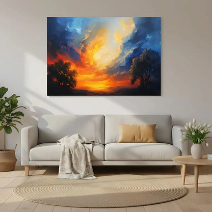 Un paysage captivant d'un ciel vibrant aux couleurs chaudes et froides, créant une atmosphère sereine, idéal pour une chambre ou un salon.