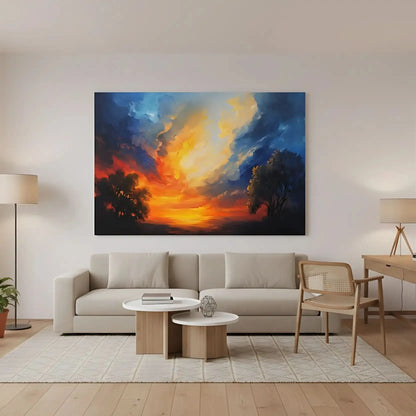 Un paysage captivant d'un ciel vibrant aux couleurs chaudes et froides, créant une atmosphère sereine, idéal pour une chambre ou un salon.