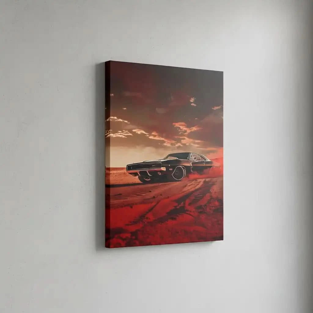 Illustration d’une voiture sportive dans une tempête rouge, apportant une atmosphère de vitesse et de dynamisme à l'espace.