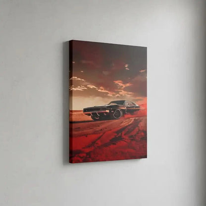 Illustration d’une voiture sportive dans une tempête rouge, apportant une atmosphère de vitesse et de dynamisme à l'espace.