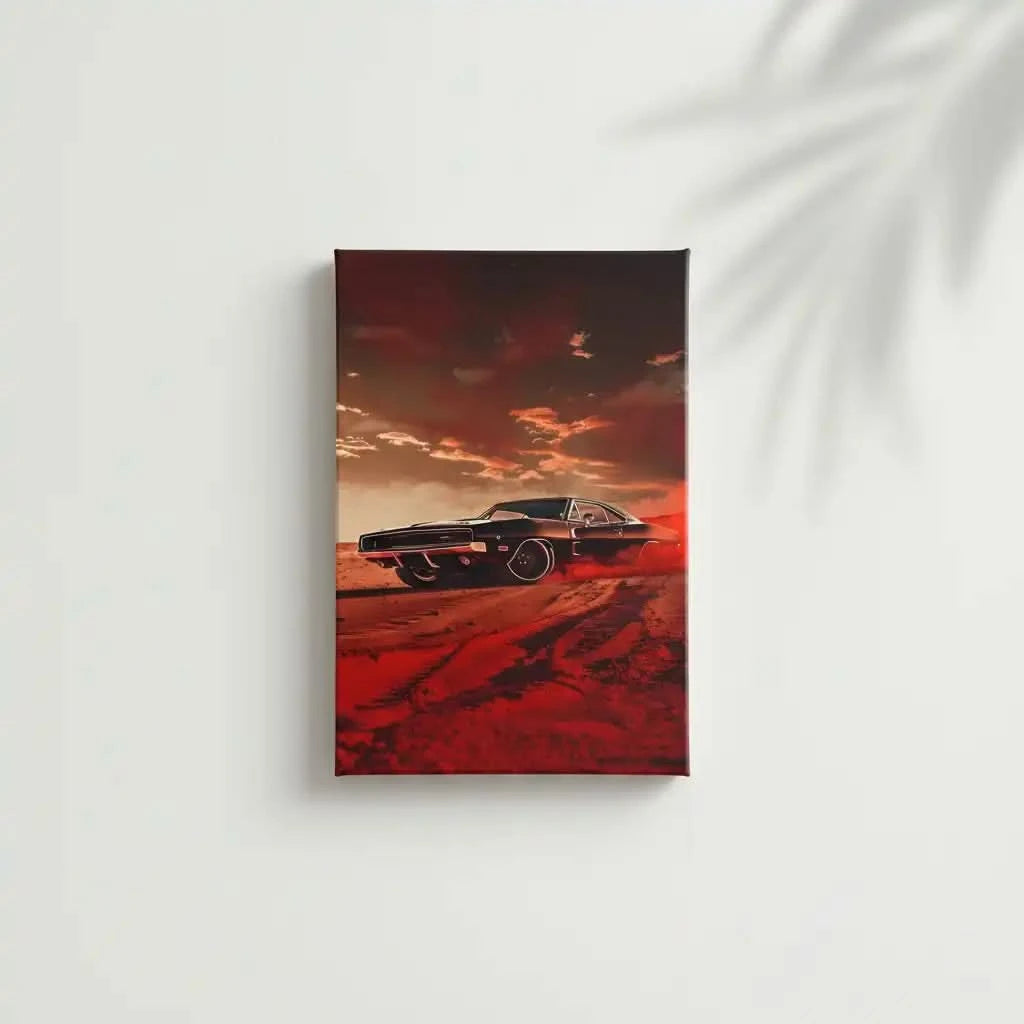 Illustration d’une voiture sportive dans une tempête rouge, apportant une atmosphère de vitesse et de dynamisme à l'espace.