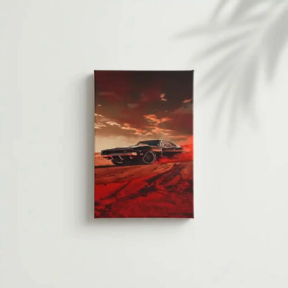 Illustration d’une voiture sportive dans une tempête rouge, apportant une atmosphère de vitesse et de dynamisme à l'espace.