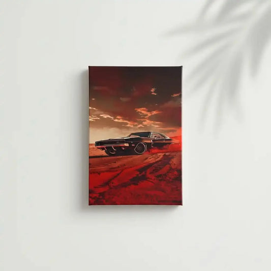 Illustration d’une voiture sportive dans une tempête rouge, apportant une atmosphère de vitesse et de dynamisme à l'espace.