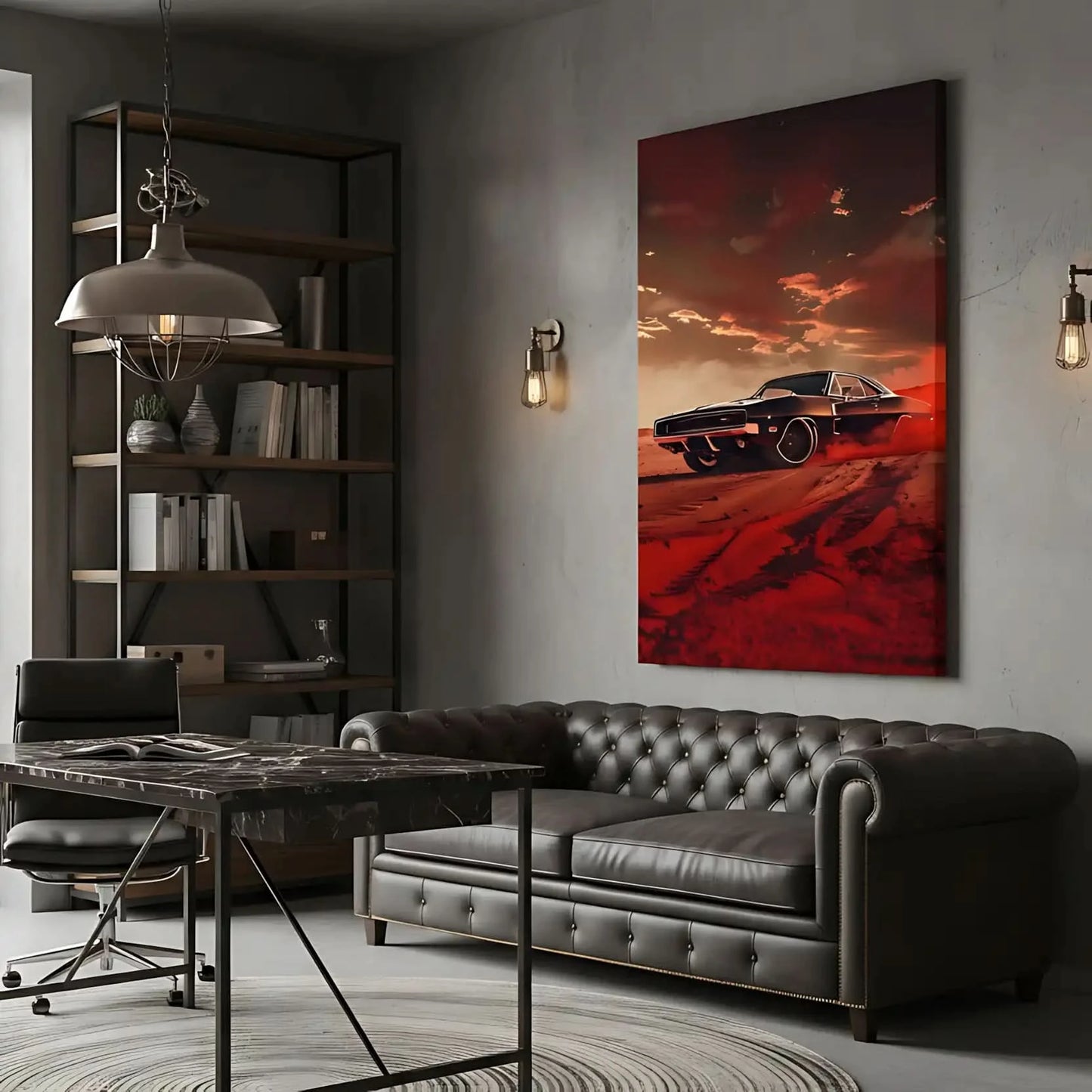 Illustration d’une voiture sportive dans une tempête rouge, apportant une atmosphère de vitesse et de dynamisme à l'espace.