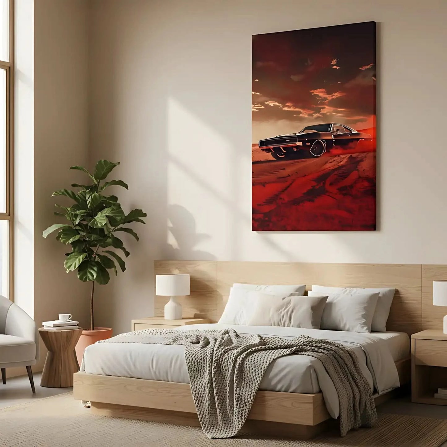 Illustration d’une voiture sportive dans une tempête rouge, apportant une atmosphère de vitesse et de dynamisme à l'espace.