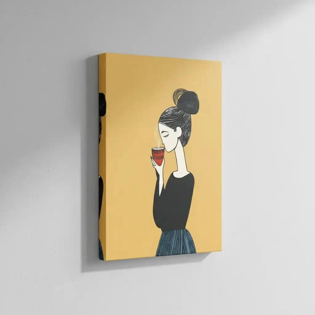 Illustration d’une femme dégustant son café, entourée d’une atmosphère apaisante et élégante.