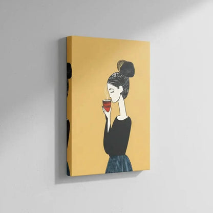 Illustration d’une femme dégustant son café, entourée d’une atmosphère apaisante et élégante.