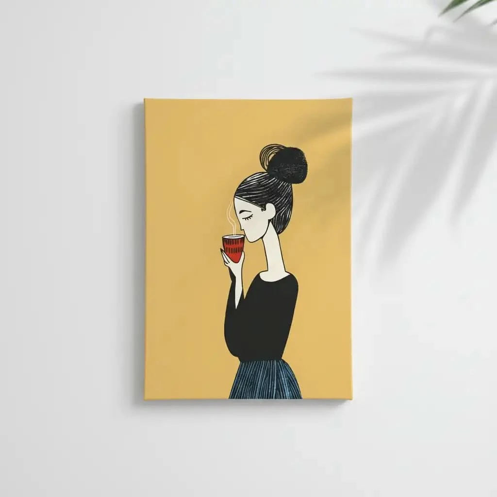 Illustration d’une femme dégustant son café, entourée d’une atmosphère apaisante et élégante.