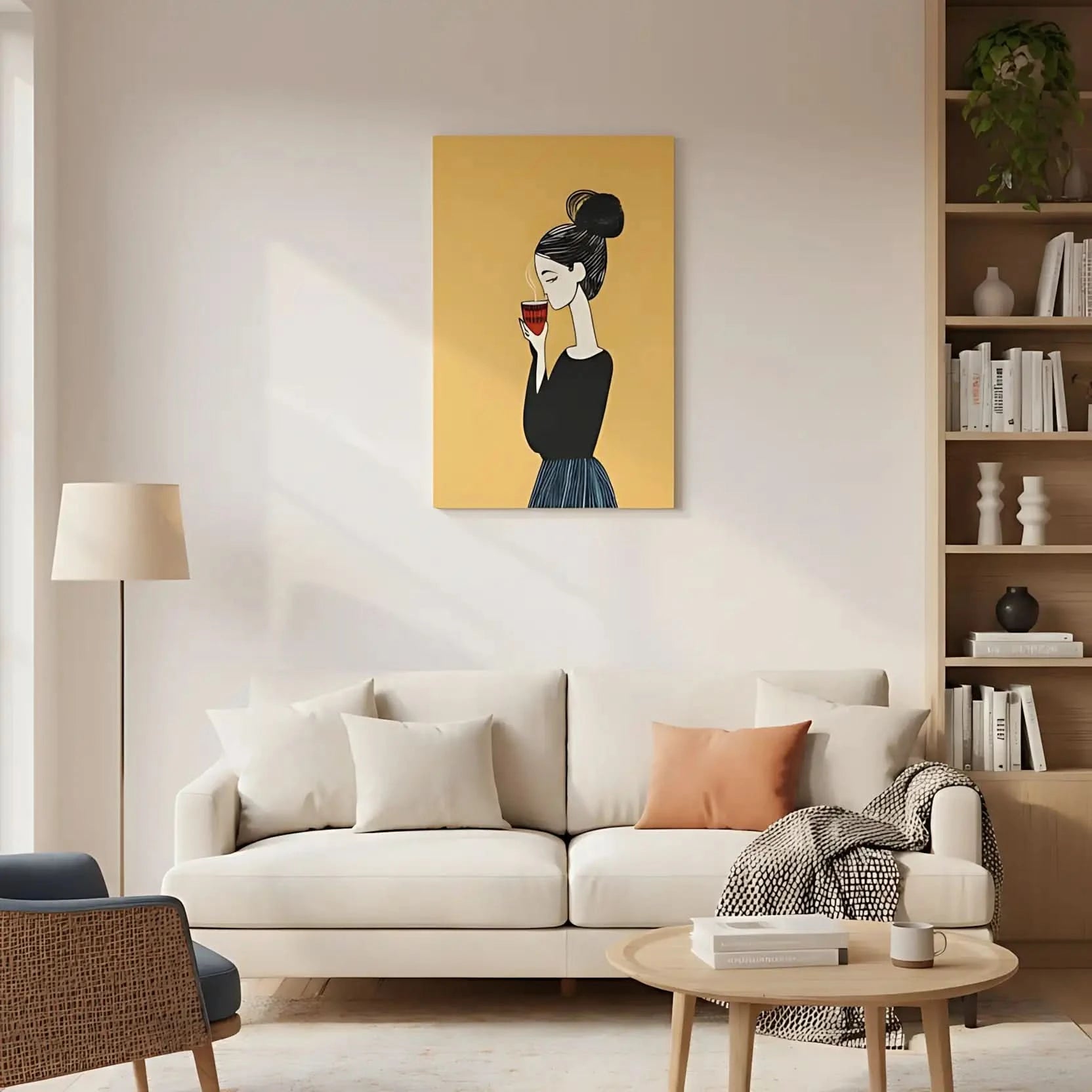 Illustration d’une femme dégustant son café, entourée d’une atmosphère apaisante et élégante.