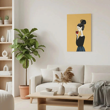 Illustration d’une femme dégustant son café, entourée d’une atmosphère apaisante et élégante.