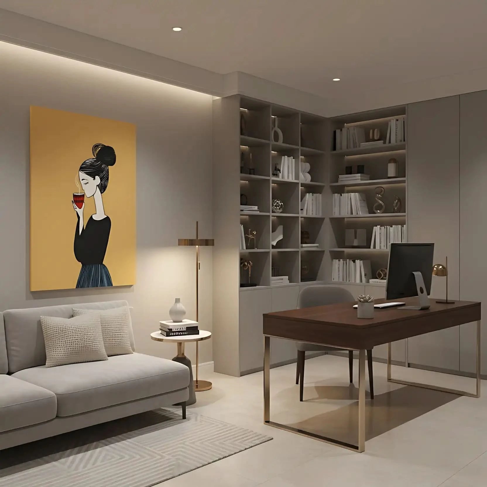 Illustration d’une femme dégustant son café, entourée d’une atmosphère apaisante et élégante.