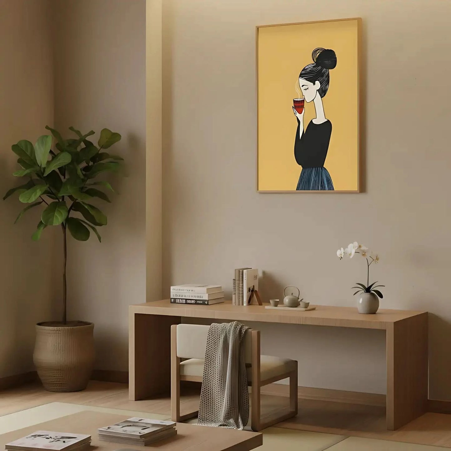 Illustration d’une femme dégustant son café, entourée d’une atmosphère apaisante et élégante.