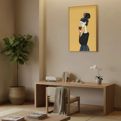 Illustration d’une femme dégustant son café, entourée d’une atmosphère apaisante et élégante.