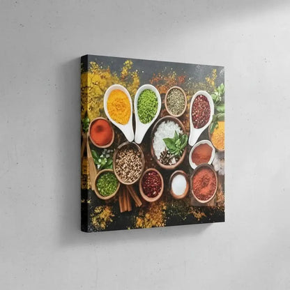 Nature morte d’épices variées: cumin, paprika rouge, curcuma jaune, basilic vert et sel; composition dynamique pour cuisine.
