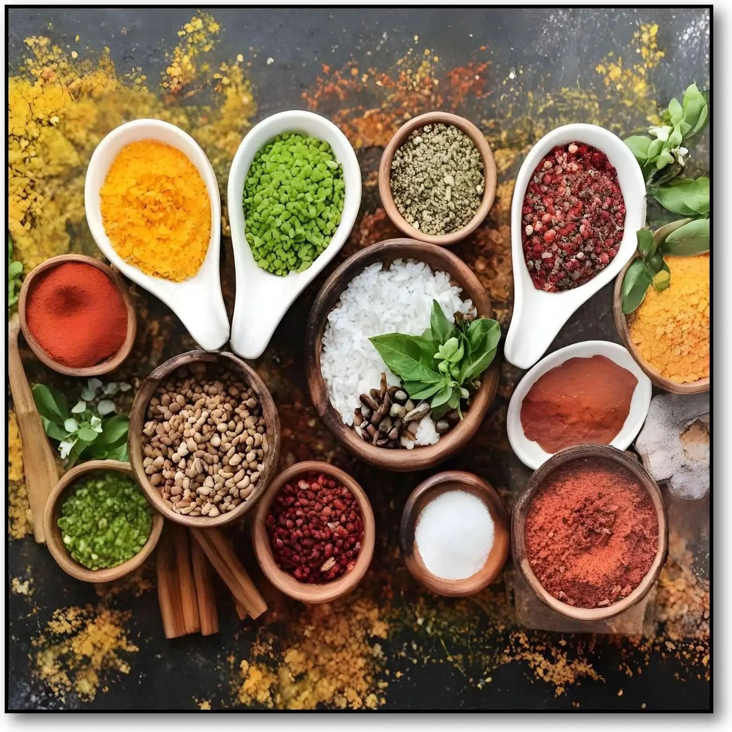 Nature morte d’épices variées: cumin, paprika rouge, curcuma jaune, basilic vert et sel; composition dynamique pour cuisine.