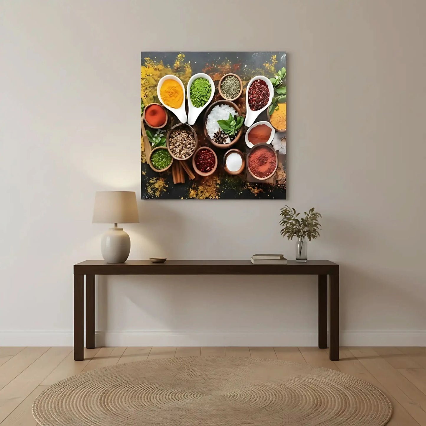 Nature morte d’épices variées: cumin, paprika rouge, curcuma jaune, basilic vert et sel; composition dynamique pour cuisine.
