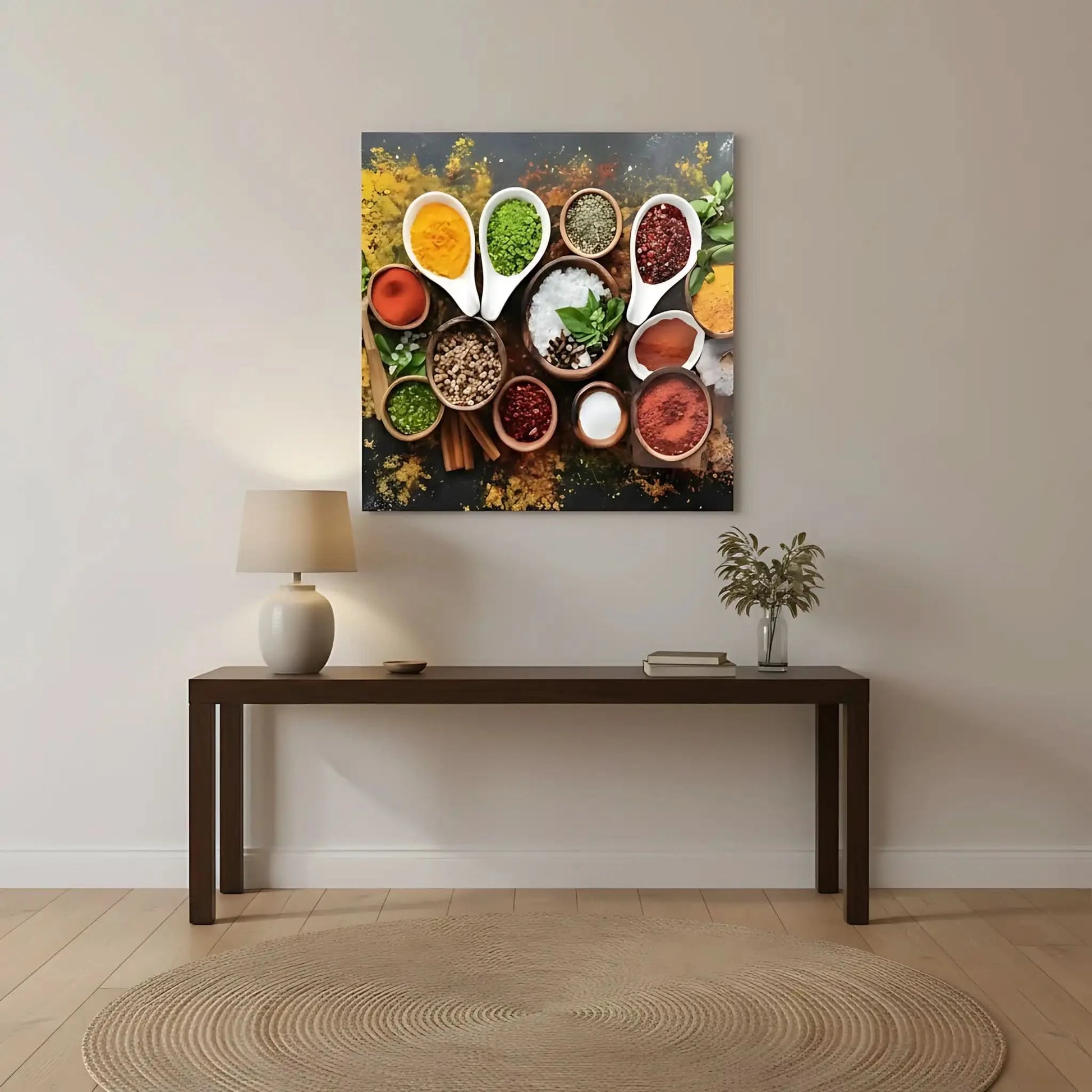 Nature morte d’épices variées: cumin, paprika rouge, curcuma jaune, basilic vert et sel; composition dynamique pour cuisine.