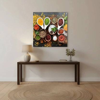 Nature morte d’épices variées: cumin, paprika rouge, curcuma jaune, basilic vert et sel; composition dynamique pour cuisine.