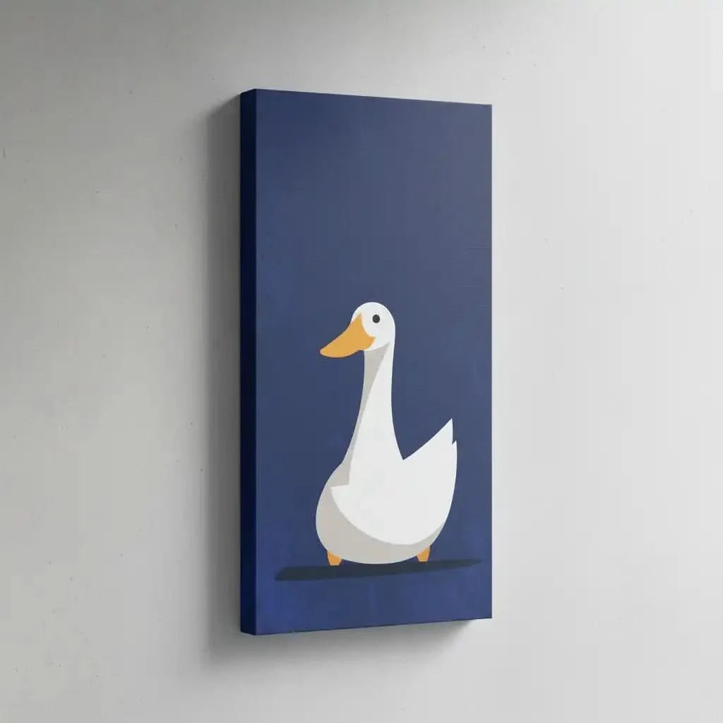 Illustration d'un canard blanc avec un bec orange sur fond bleu, créant une atmosphère douce et chaleureuse, idéale pour chambre enfantine.