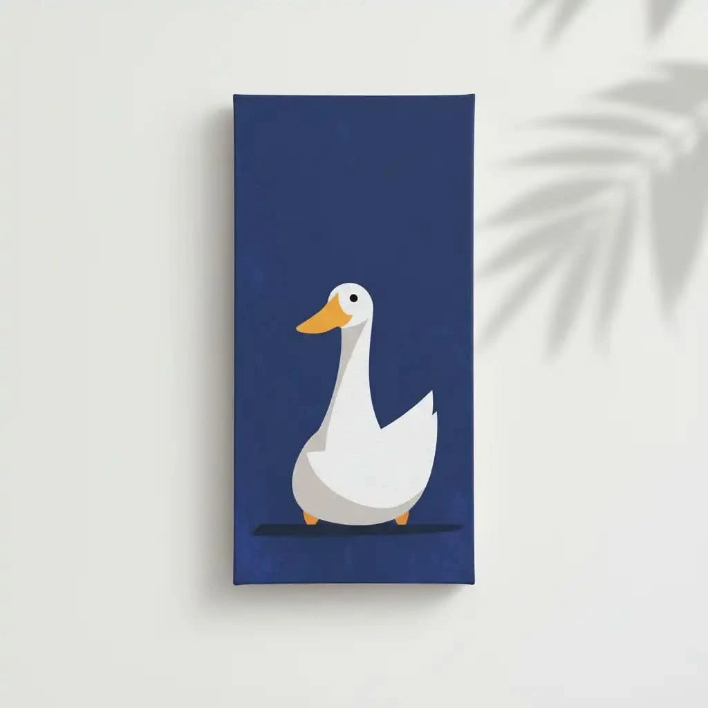 Illustration d'un canard blanc avec un bec orange sur fond bleu, créant une atmosphère douce et chaleureuse, idéale pour chambre enfantine.