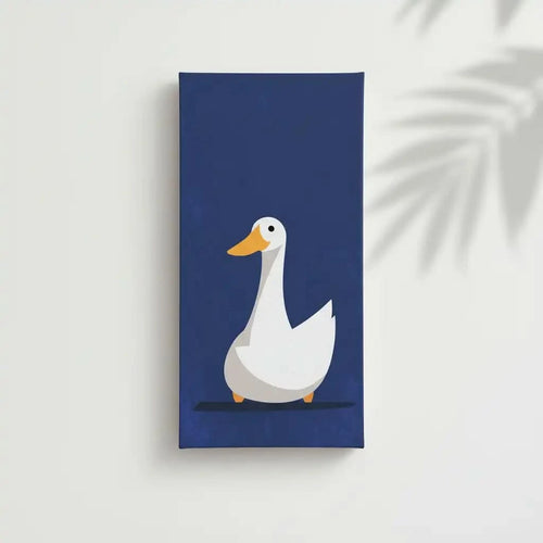 Illustration d'un canard blanc avec un bec orange sur fond bleu, créant une atmosphère douce et chaleureuse, idéale pour chambre enfantine.