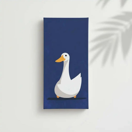 Illustration d'un canard blanc avec un bec orange sur fond bleu, créant une atmosphère douce et chaleureuse, idéale pour chambre enfantine.