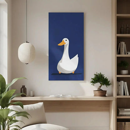 Illustration d'un canard blanc avec un bec orange sur fond bleu, créant une atmosphère douce et chaleureuse, idéale pour chambre enfantine.