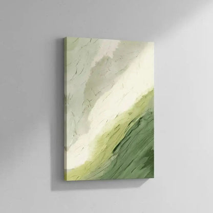 Tableau abstrait en vert et blanc avec textures douces. Atmosphère naturelle et apaisante, parfait pour un salon.