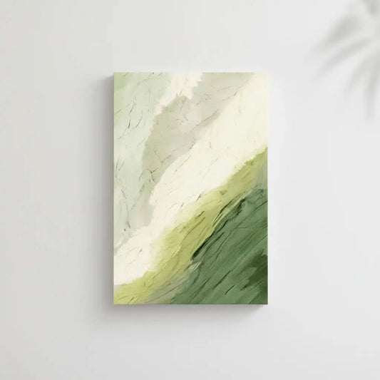 Tableau abstrait en vert et blanc avec textures douces. Atmosphère naturelle et apaisante, parfait pour un salon.