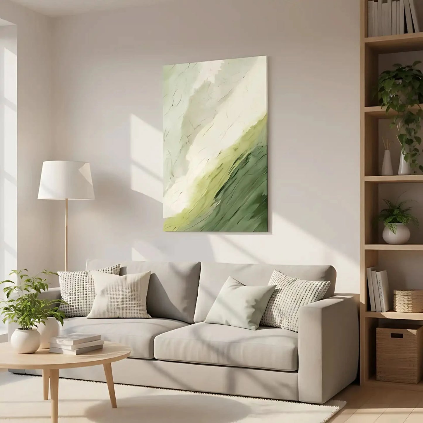 Tableau abstrait en vert et blanc avec textures douces. Atmosphère naturelle et apaisante, parfait pour un salon.