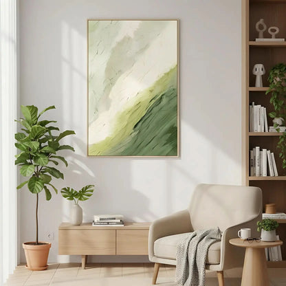 Tableau abstrait en vert et blanc avec textures douces. Atmosphère naturelle et apaisante, parfait pour un salon.