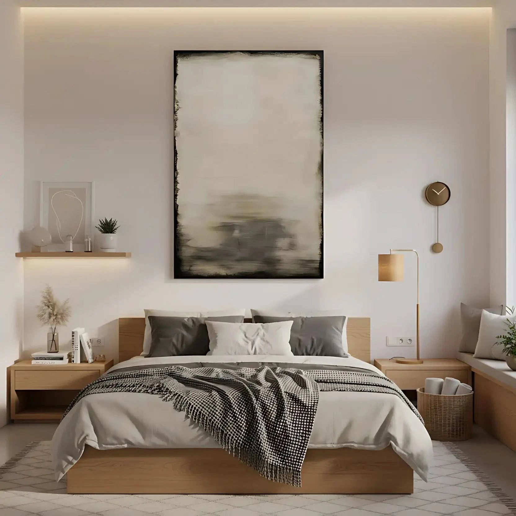 Tableau minimaliste en tons beige et noir avec effet vieilli. Ambiance apaisante, idéal pour un salon moderne.
