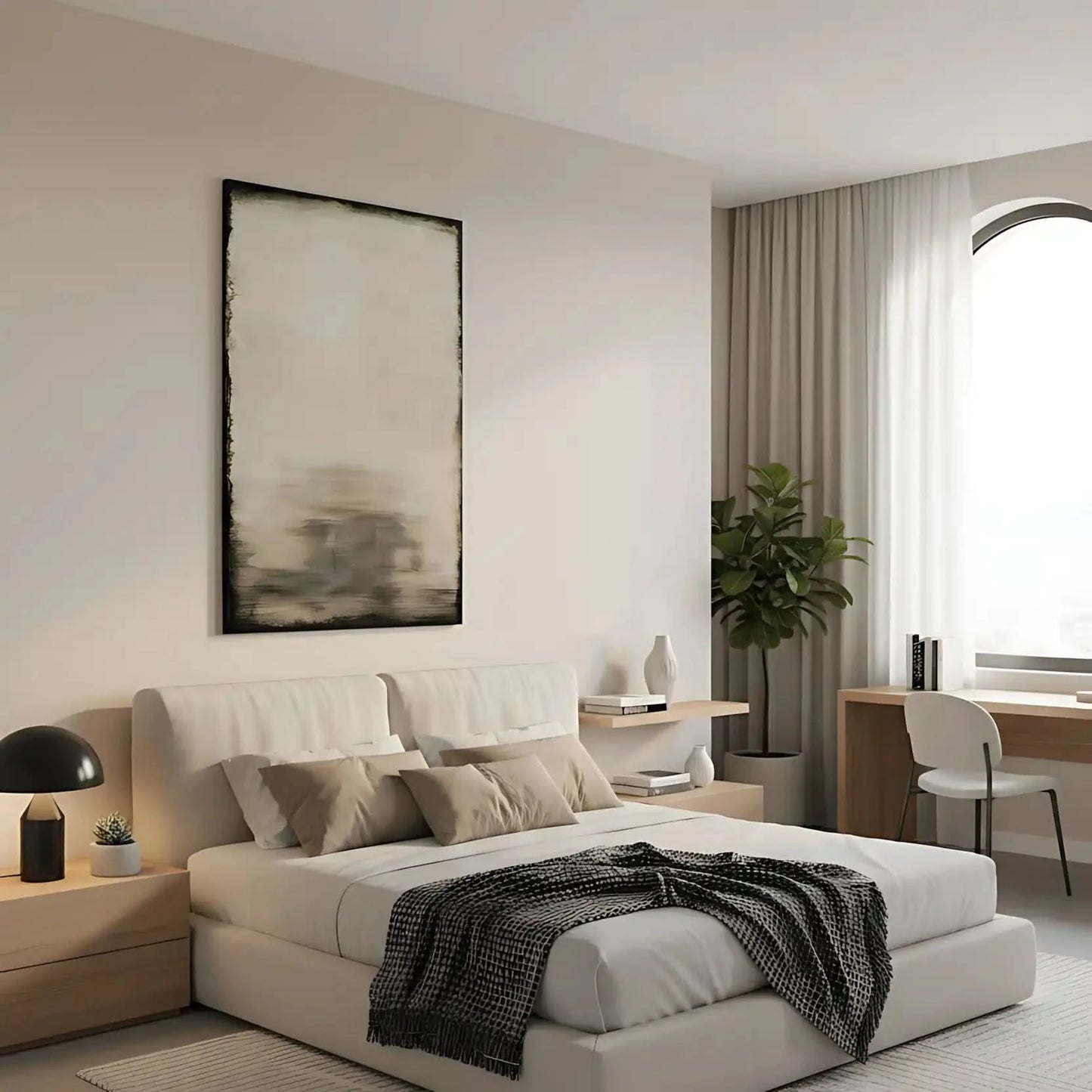 Tableau minimaliste en tons beige et noir avec effet vieilli. Ambiance apaisante, idéal pour un salon moderne.