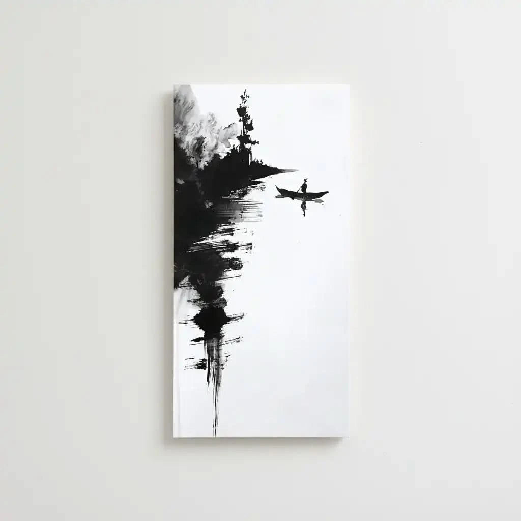 Oeuvre monochrome d'un canoéiste solitaire sur l'eau calme, avec des ombres d'arbres et des coups de pinceau noirs, créant une ambiance minimaliste et paisible.