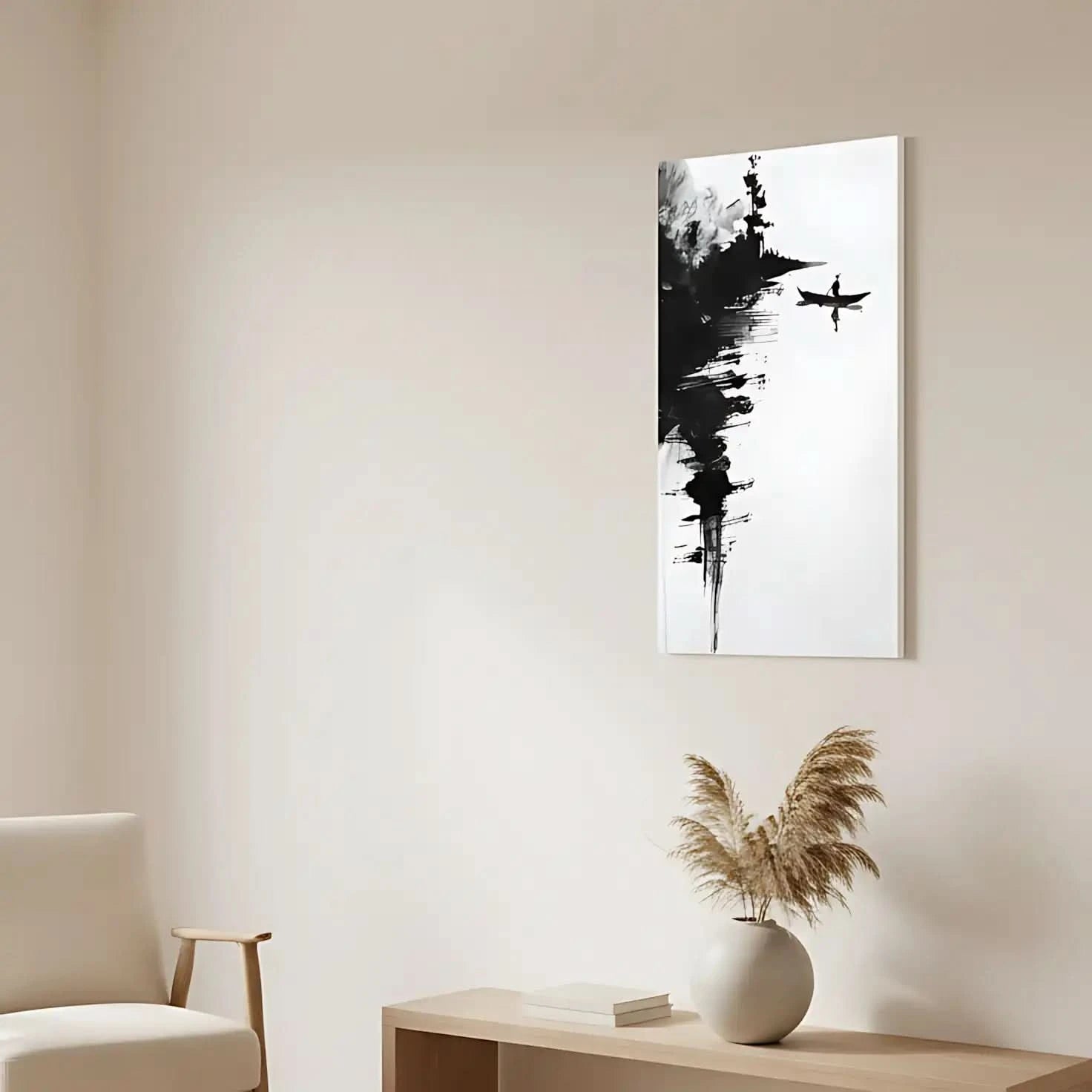 Oeuvre monochrome d'un canoéiste solitaire sur l'eau calme, avec des ombres d'arbres et des coups de pinceau noirs, créant une ambiance minimaliste et paisible.