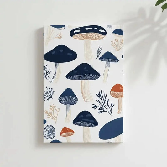 Illustration de champignons aux formes géométriques et couleurs naturelles, créant un équilibre visuel.