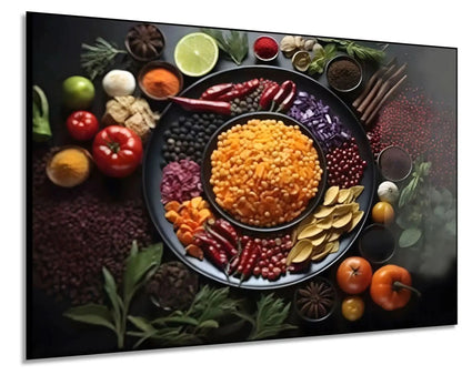 Nature morte d’un bol de pois dorés entouré de tomates rouges, piments, herbes et choux violets; composition circulaire.