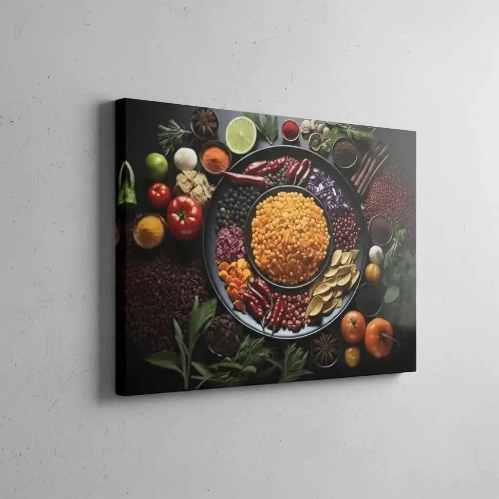 Nature morte d’un bol de pois dorés entouré de tomates rouges, piments, herbes et choux violets; composition circulaire.