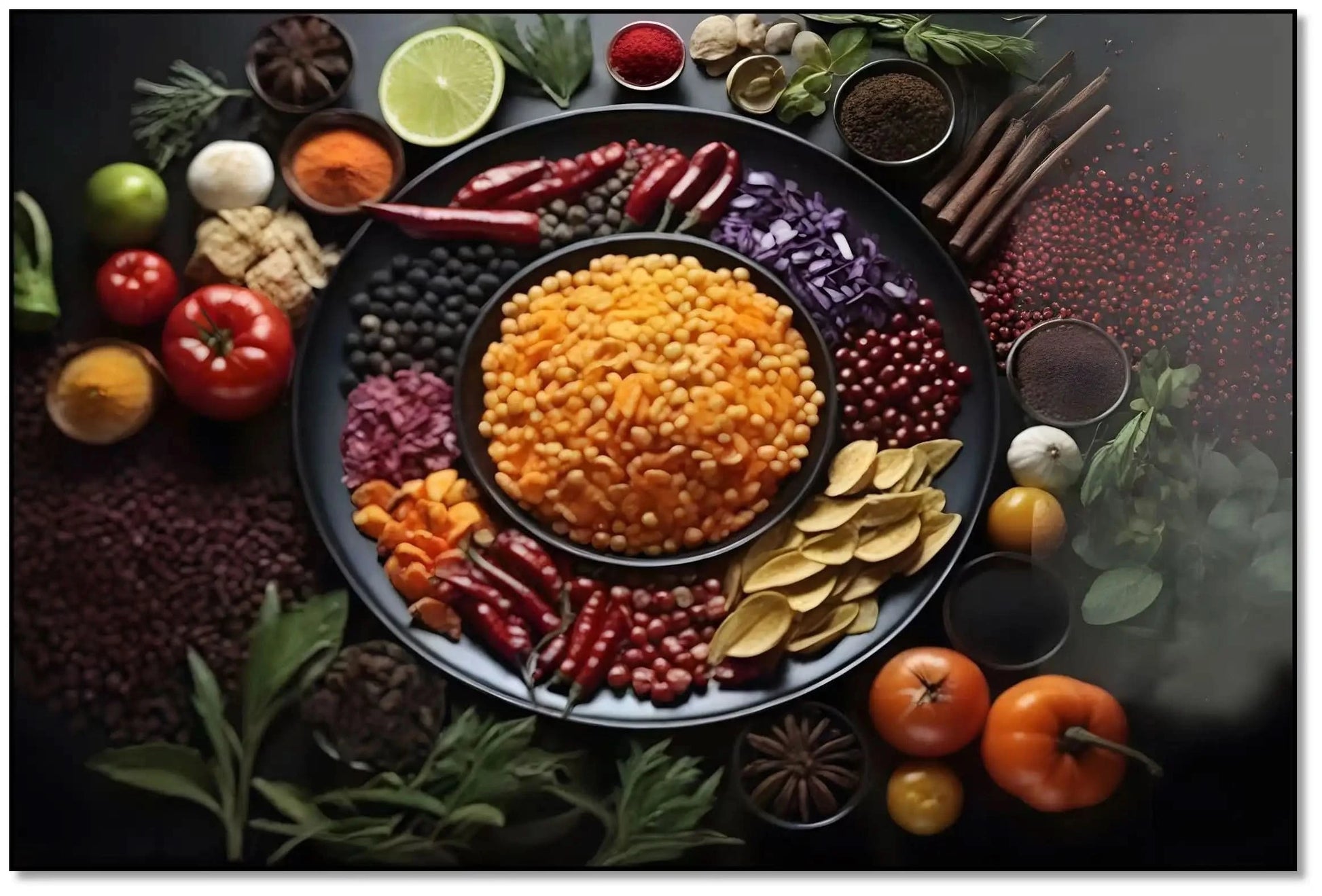 Nature morte d’un bol de pois dorés entouré de tomates rouges, piments, herbes et choux violets; composition circulaire.