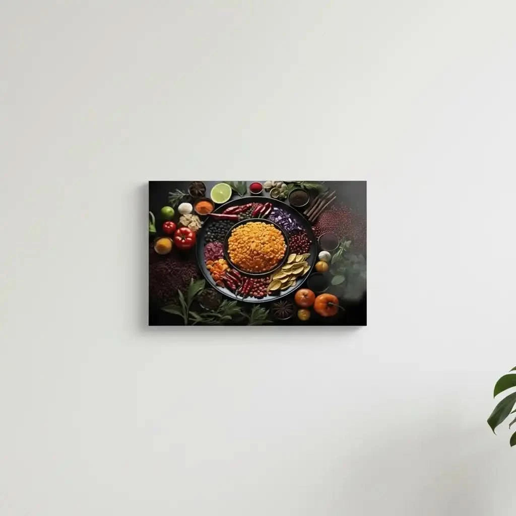 Nature morte d’un bol de pois dorés entouré de tomates rouges, piments, herbes et choux violets; composition circulaire.