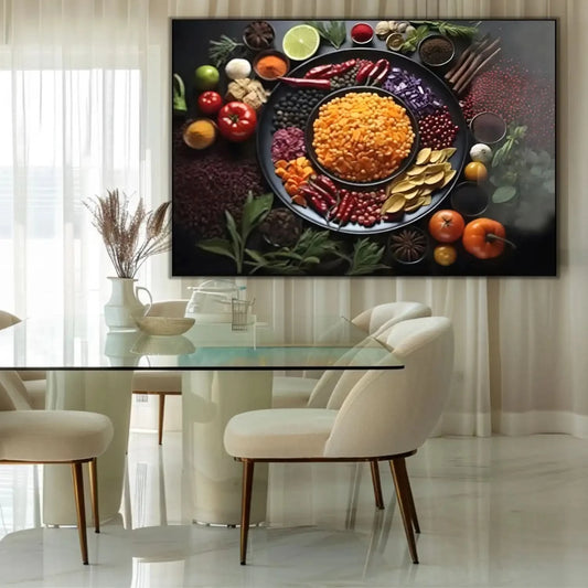 Nature morte d’un bol de pois dorés entouré de tomates rouges, piments, herbes et choux violets; composition circulaire.