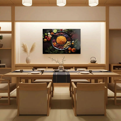 Nature morte d’un bol de pois dorés entouré de tomates rouges, piments, herbes et choux violets; composition circulaire.